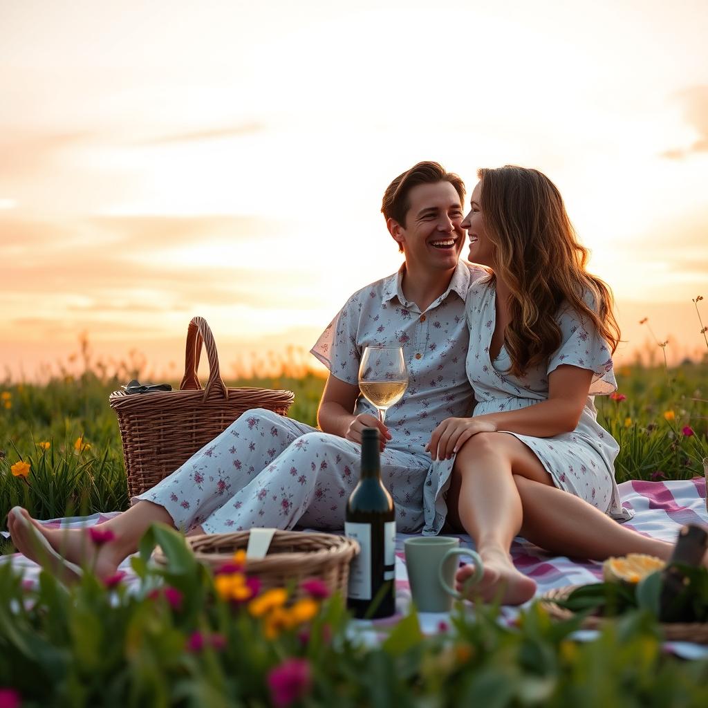 A sweet couple sitting closely on a blanket during a sunset picnic, sharing laughter and joy