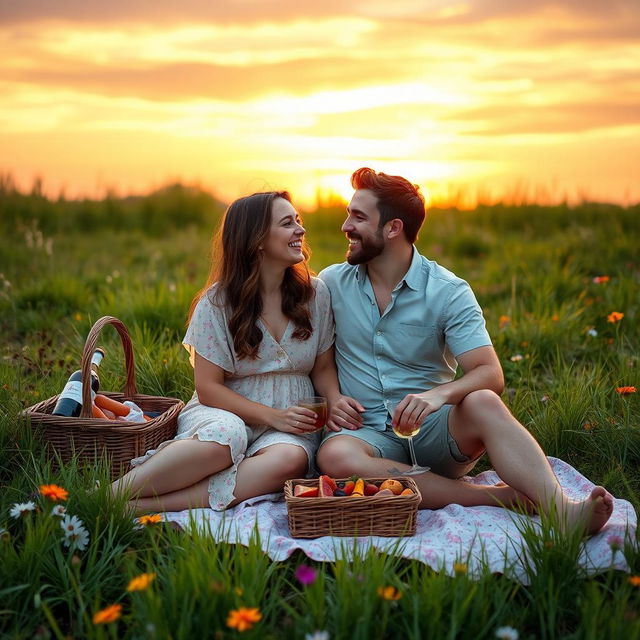 A sweet couple sitting closely on a blanket during a sunset picnic, sharing laughter and joy