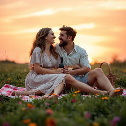A sweet couple sitting closely on a blanket during a sunset picnic, sharing laughter and joy