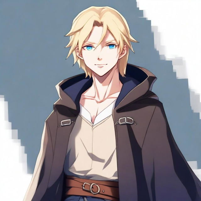 A high-resolution, full-body anime-style digital art image depicts a tall, slim, and strong teenage male with blond hair and bright blue eyes