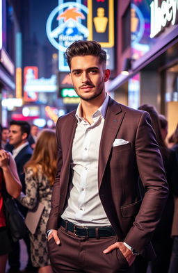 A stylish and confident young man, dressed sharply in a tailored suit, standing in a trendy urban setting
