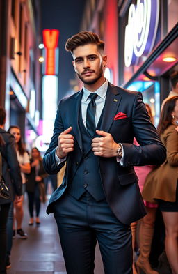 A stylish and confident young man, dressed sharply in a tailored suit, standing in a trendy urban setting