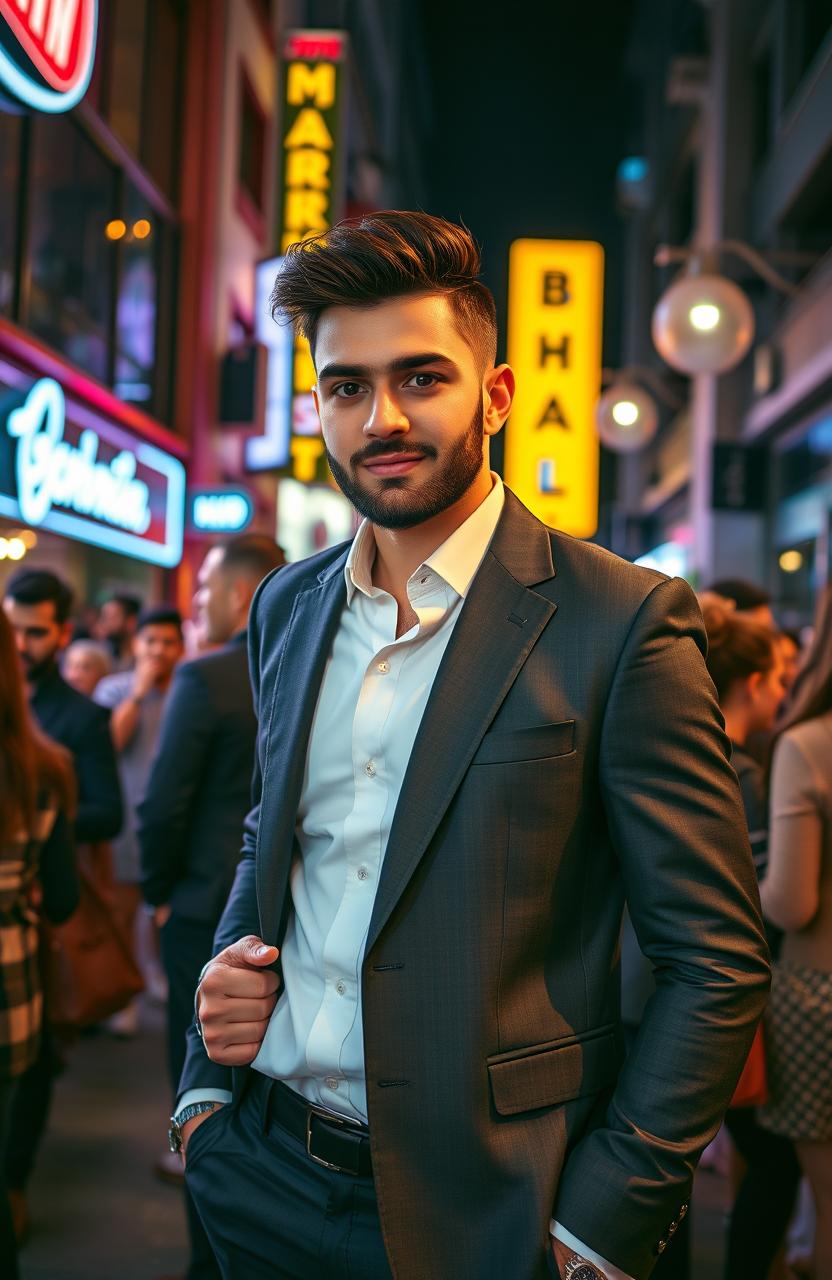 A stylish and confident young man, dressed sharply in a tailored suit, standing in a trendy urban setting