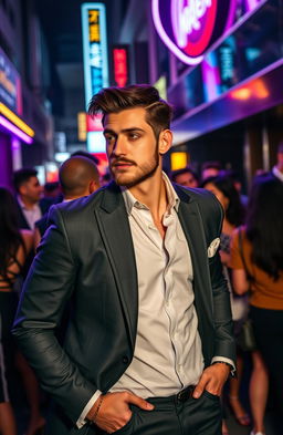 A stylish and confident young man, dressed sharply in a tailored suit, standing in a trendy urban setting