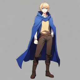 A high-resolution, full-body anime-style digital art image depicts a tall, slim, and strong teenage male with blond hair and bright blue eyes