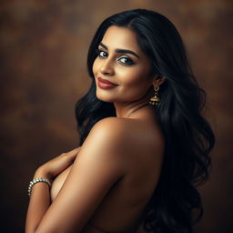 A portrait of an elegant Indian woman in her 40s, showcasing her confidence and natural beauty, posed gracefully in a tasteful nude setting