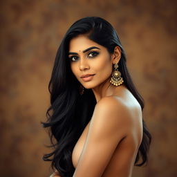 A portrait of an elegant Indian woman in her 40s, showcasing her confidence and natural beauty, posed gracefully in a tasteful nude setting
