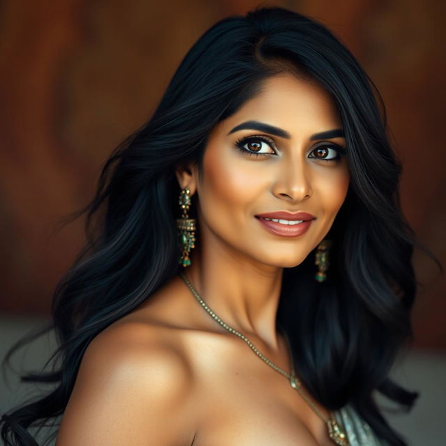 A portrait of an elegant Indian woman in her 40s, showcasing her confidence and natural beauty, posed gracefully in a tasteful nude setting