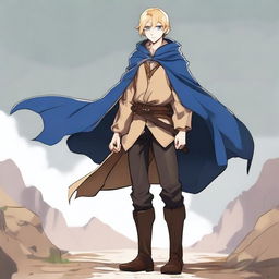 A high-resolution, full-body anime-style digital art image depicts a tall, slim, and strong teenage male with blond hair and bright blue eyes