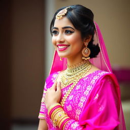 A beautiful young woman wearing a vibrant pink salwar suit, adorned with intricate gold and diamond ornaments, flawlessly styled for her engagement