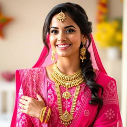 A beautiful young woman wearing a vibrant pink salwar suit, adorned with intricate gold and diamond ornaments, flawlessly styled for her engagement