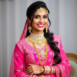 A beautiful young woman wearing a vibrant pink salwar suit, adorned with intricate gold and diamond ornaments, flawlessly styled for her engagement