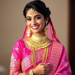 A beautiful young woman wearing a vibrant pink salwar suit, adorned with intricate gold and diamond ornaments, flawlessly styled for her engagement