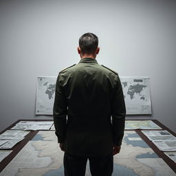 A military commander standing in front of a table covered with maps and documents, but without revealing the exact details of the content