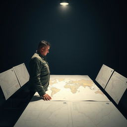 A military commander standing in front of a table covered with maps and documents, but without revealing the exact details of the content