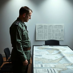 A military commander standing in front of a table covered with maps and documents, but without revealing the exact details of the content