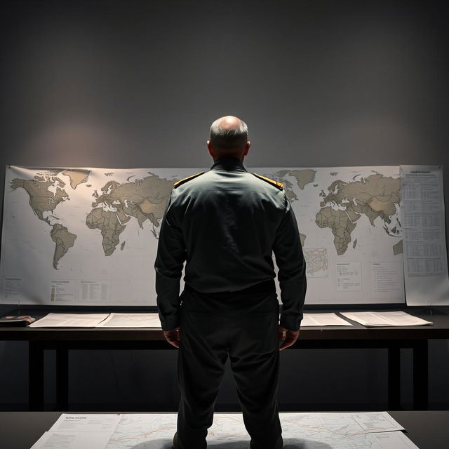 A military commander standing in front of a table covered with maps and documents, but without revealing the exact details of the content