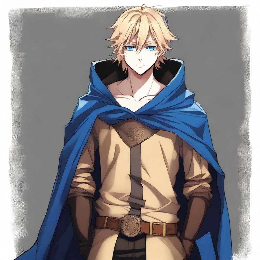 A high-resolution, full-body anime-style digital art image depicts a tall, slim, and strong teenage male with blond hair and bright blue eyes