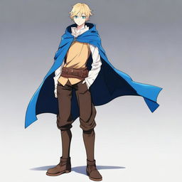 A high-resolution, full-body anime-style digital art image depicts a tall, slim, and strong teenage male with blond hair and bright blue eyes