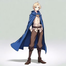 A high-resolution, full-body anime-style digital art image depicts a tall, slim, and strong teenage male with blond hair and bright blue eyes