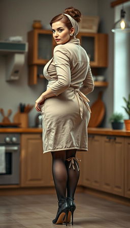 A captivating image of a 50-year-old European woman with a brown hair bun and fair white skin