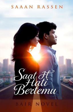 A captivating book cover for a romance novel titled 'Saat Hati Bertemu'