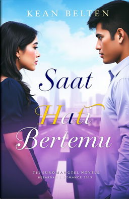 A captivating book cover for a romance novel titled 'Saat Hati Bertemu'