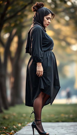 A poignant image of a 50-year-old European woman with a brown hair bun and fair white skin