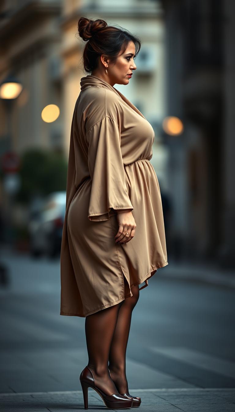 A striking image of a 50-year-old European woman with a brown hair bun and fair white skin