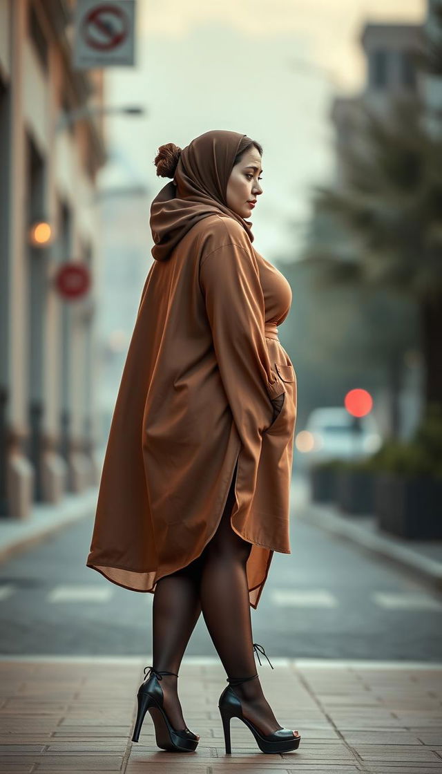 A striking image of a 50-year-old European woman with a brown hair bun and fair white skin