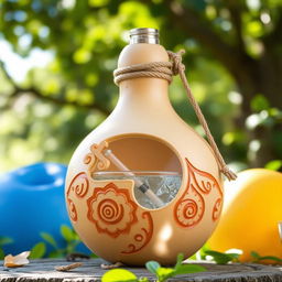 A tecomate gourd creatively transformed into a water flask, showcasing its traditional design with a smooth, curvy silhouette, detailed carvings on the exterior, and a sturdy rope for portability