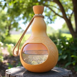 A tecomate gourd creatively transformed into a water flask, showcasing its traditional design with a smooth, curvy silhouette, detailed carvings on the exterior, and a sturdy rope for portability