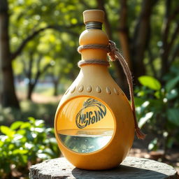 A tecomate gourd creatively transformed into a water flask, showcasing its traditional design with a smooth, curvy silhouette, detailed carvings on the exterior, and a sturdy rope for portability