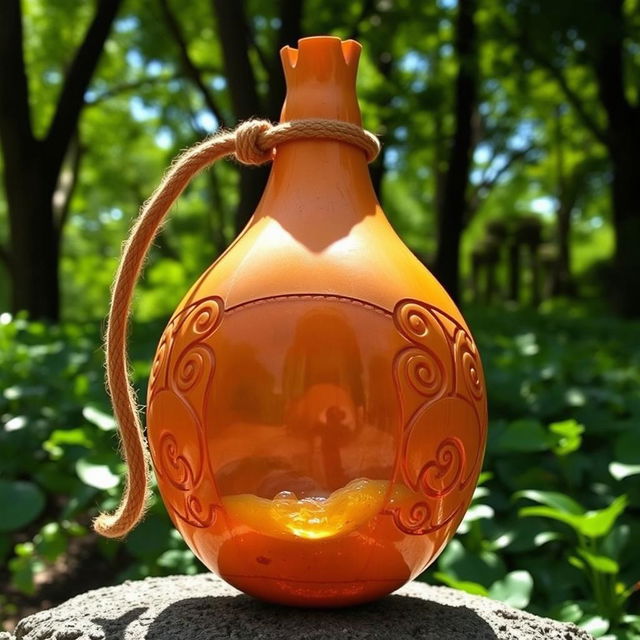 A tecomate gourd creatively transformed into a water flask, showcasing its traditional design with a smooth, curvy silhouette, detailed carvings on the exterior, and a sturdy rope for portability