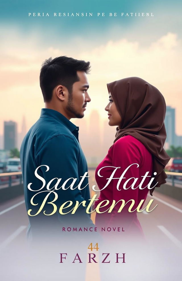 A book cover for a romance novel titled 'Saat Hati Bertemu', featuring two people, a woman and a man, standing at a crossroads, facing each other with expressions filled with a mix of hope and uncertainty