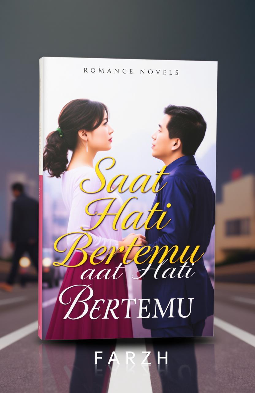 A book cover for a romance novel titled 'Saat Hati Bertemu', featuring two people, a woman and a man, standing at a crossroads, facing each other with expressions filled with a mix of hope and uncertainty