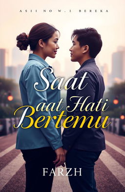 A book cover for a romance novel titled 'Saat Hati Bertemu', featuring two people, a woman and a man, standing at a crossroads, facing each other with expressions filled with a mix of hope and uncertainty