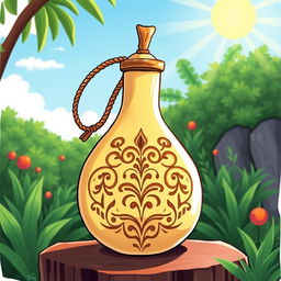 An illustration of a tecomate gourd being used as a water flask, depicted with intricate details showing the unique shape and traditional carvings on the surface