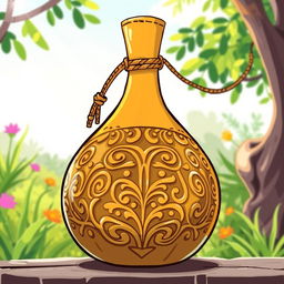 An illustration of a tecomate gourd being used as a water flask, depicted with intricate details showing the unique shape and traditional carvings on the surface