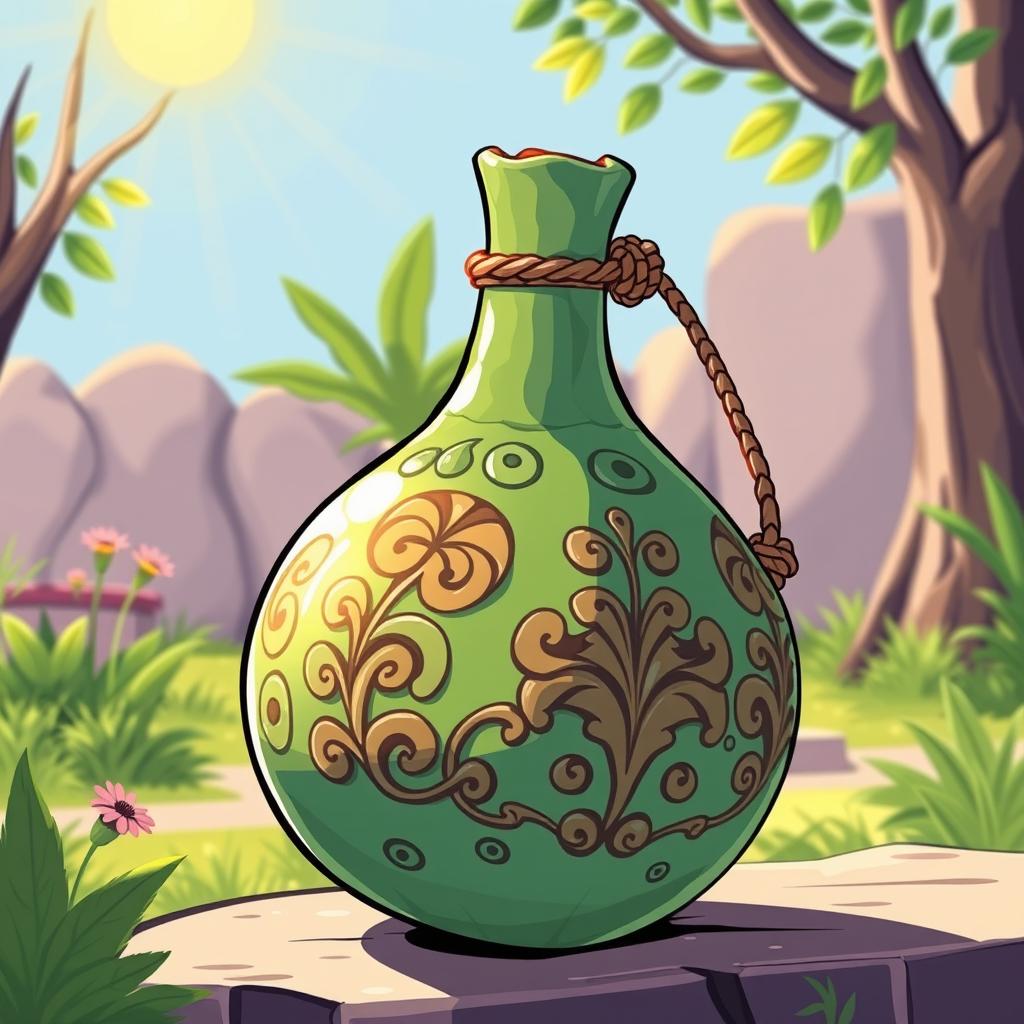 An illustration of a tecomate gourd being used as a water flask, depicted with intricate details showing the unique shape and traditional carvings on the surface