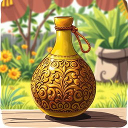 An illustration of a tecomate gourd being used as a water flask, depicted with intricate details showing the unique shape and traditional carvings on the surface