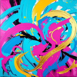 A vibrant and colorful abstract painting capturing the essence of N H Name, featuring bold brush strokes, vivid colors like turquoise, magenta, and gold, with swirling patterns that evoke a sense of dynamism and creativity