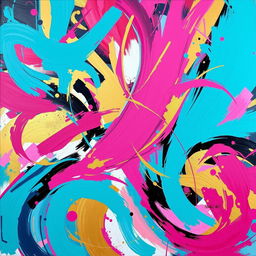 A vibrant and colorful abstract painting capturing the essence of N H Name, featuring bold brush strokes, vivid colors like turquoise, magenta, and gold, with swirling patterns that evoke a sense of dynamism and creativity