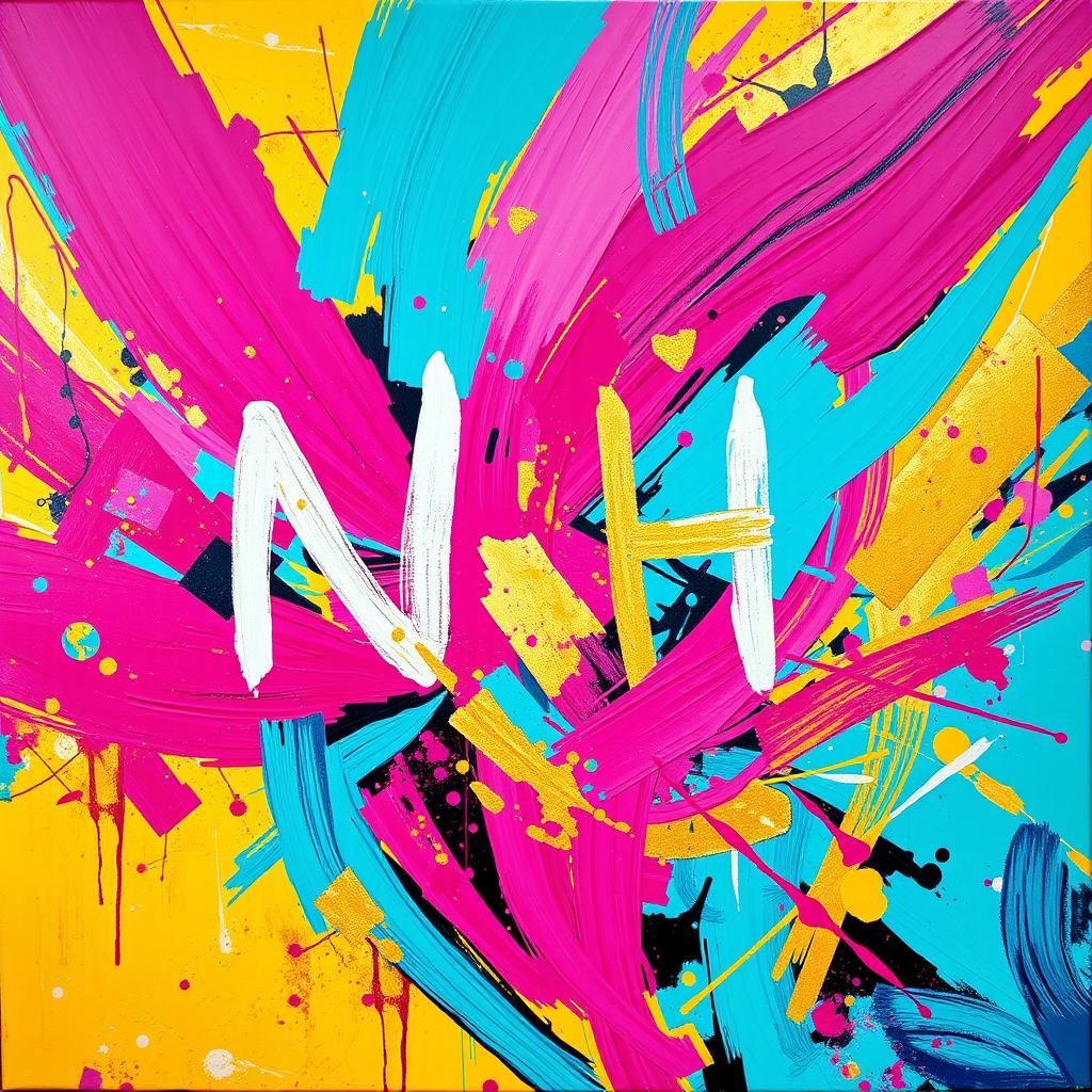 A vibrant and colorful abstract painting capturing the essence of N H Name, featuring bold brush strokes, vivid colors like turquoise, magenta, and gold, with swirling patterns that evoke a sense of dynamism and creativity