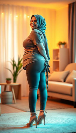 A lively and colorful image of a 50-year-old European woman with fair white skin, showcasing her curvy and busty physique