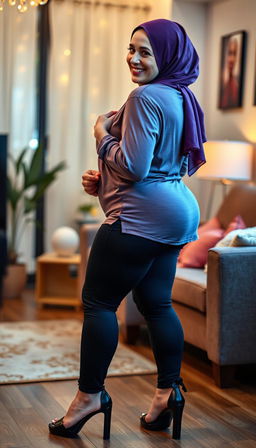 A lively and colorful image of a 50-year-old European woman with fair white skin, showcasing her curvy and busty physique