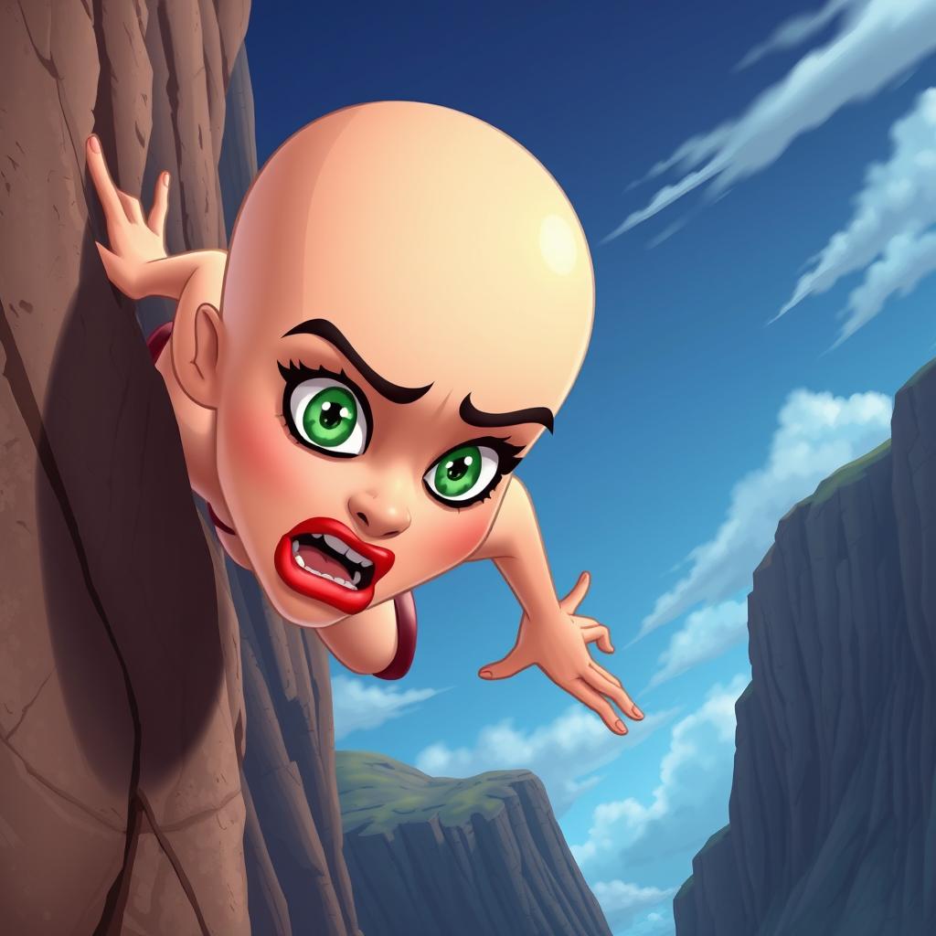 A beautifully designed cartoon woman with a smooth bald head, striking green eyes, and vibrant red lips