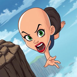 A beautifully designed cartoon woman with a smooth bald head, striking green eyes, and vibrant red lips