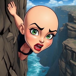 A beautifully designed cartoon woman with a smooth bald head, striking green eyes, and vibrant red lips