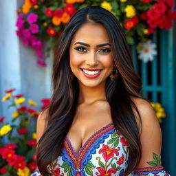 A stunning Colombian woman with long, dark hair and a radiant smile